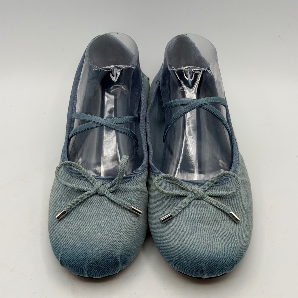 Zara Denim Ballet Flats Women US10/10.5 EU 41 Crisscross Elastic Straps Bow Chic